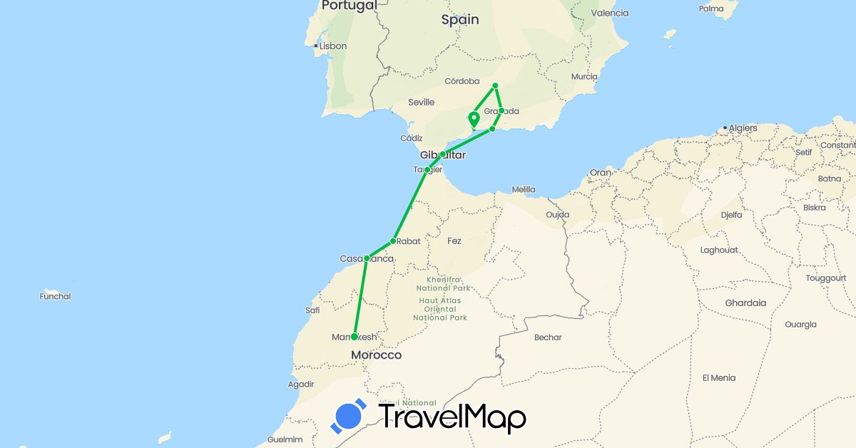 TravelMap itinerary: driving, bus in Spain, Gibraltar, Morocco (Africa, Europe)